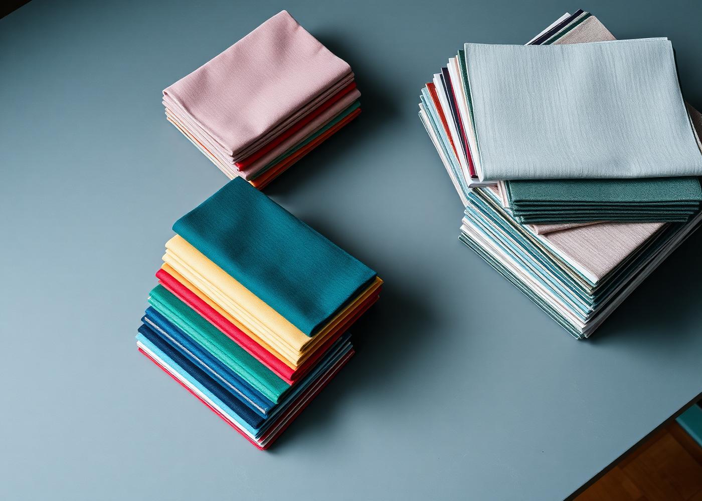 Stacks of folded textiles and fabric swatches